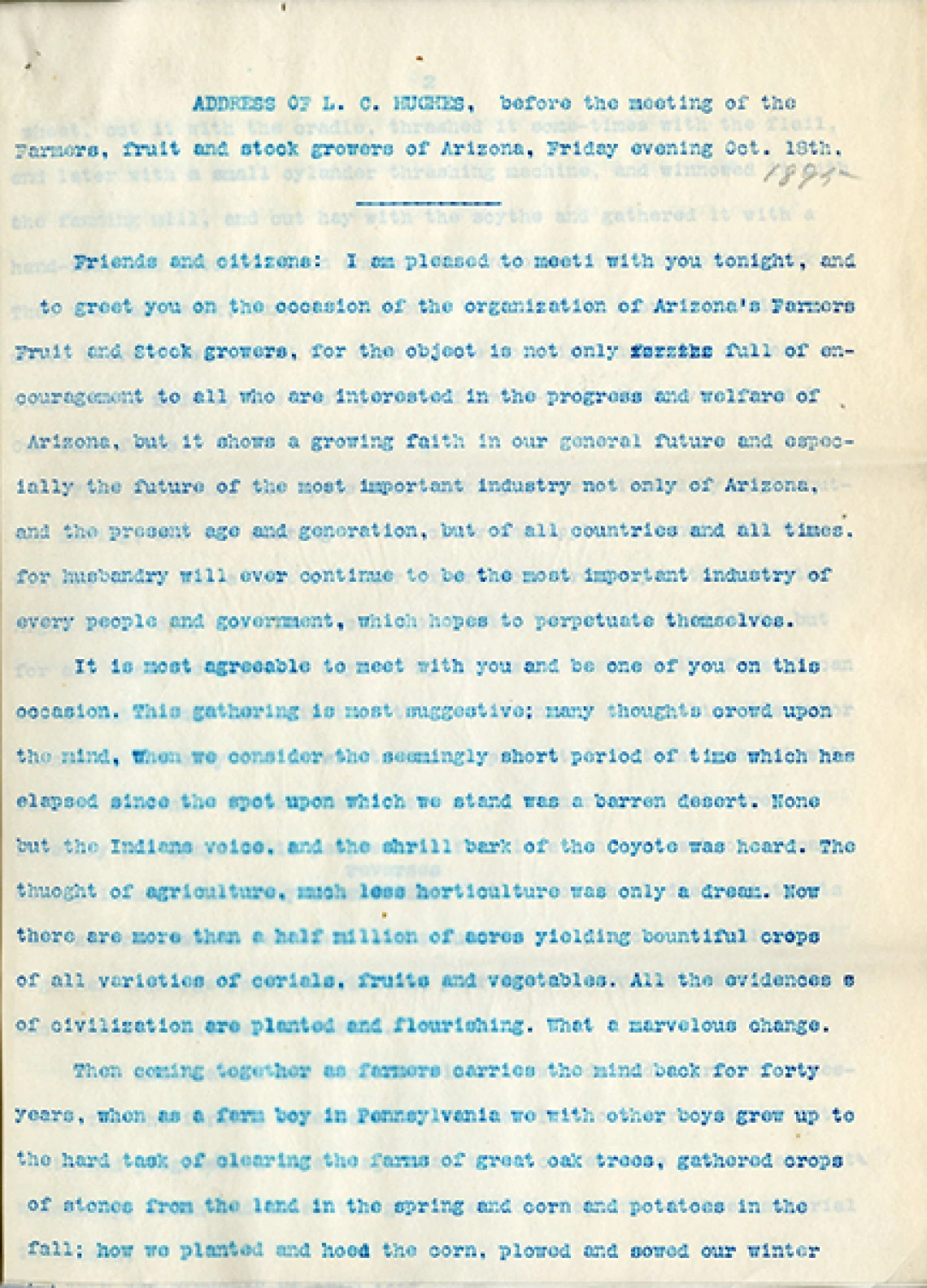 Transcript of L.C. Hughes' Address before the Farmers, Fruit and Stock Growers of Arizona Meeting