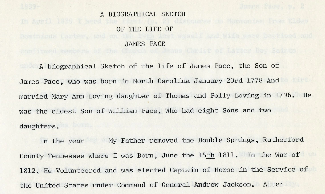 First Page of "A Biographical Sketch of the Life of James Pace"