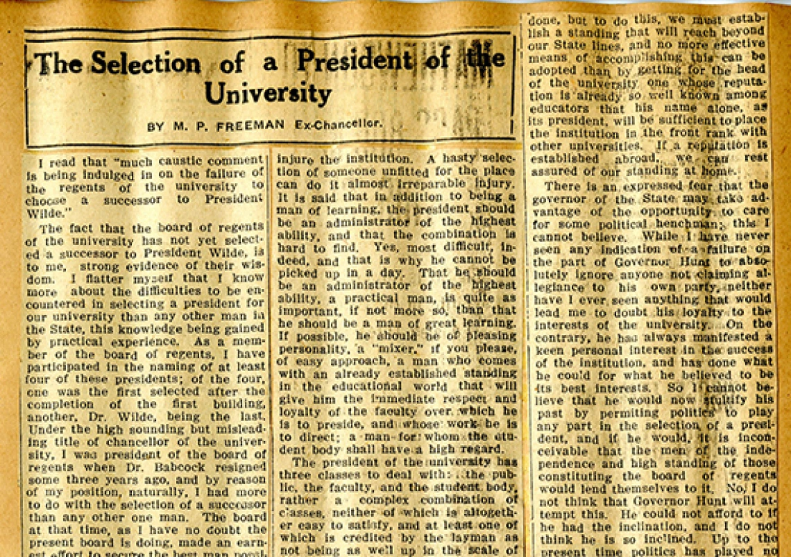 Newspaper Clipping of "The Selection of a President of the University