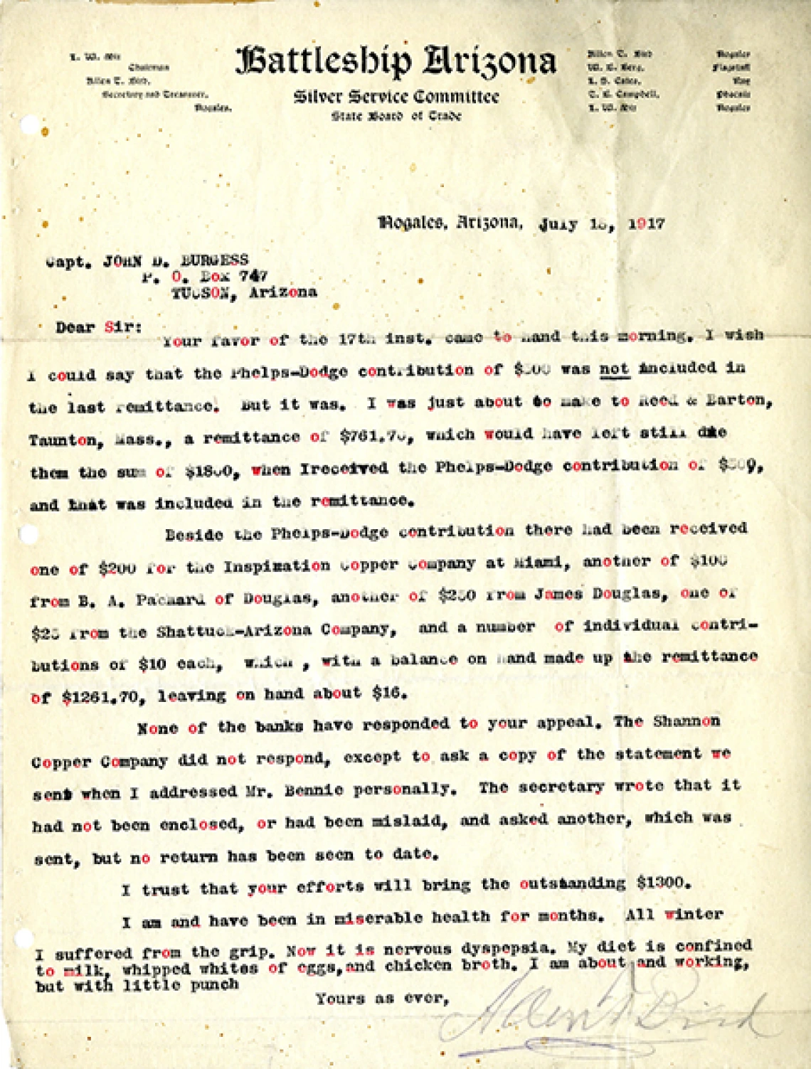 Correspondence between Battleship Arizona Silver Service Committee and John D. Burgess