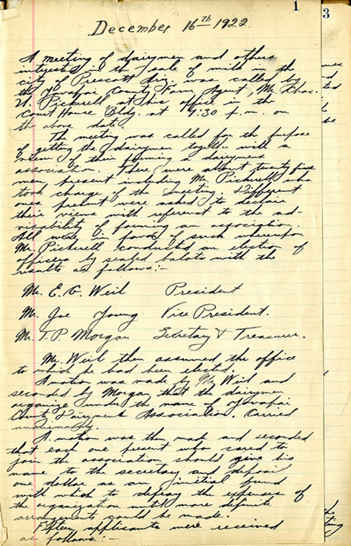 Meeting Minutes of the December 1922 Yavapai County Dairyman's Association