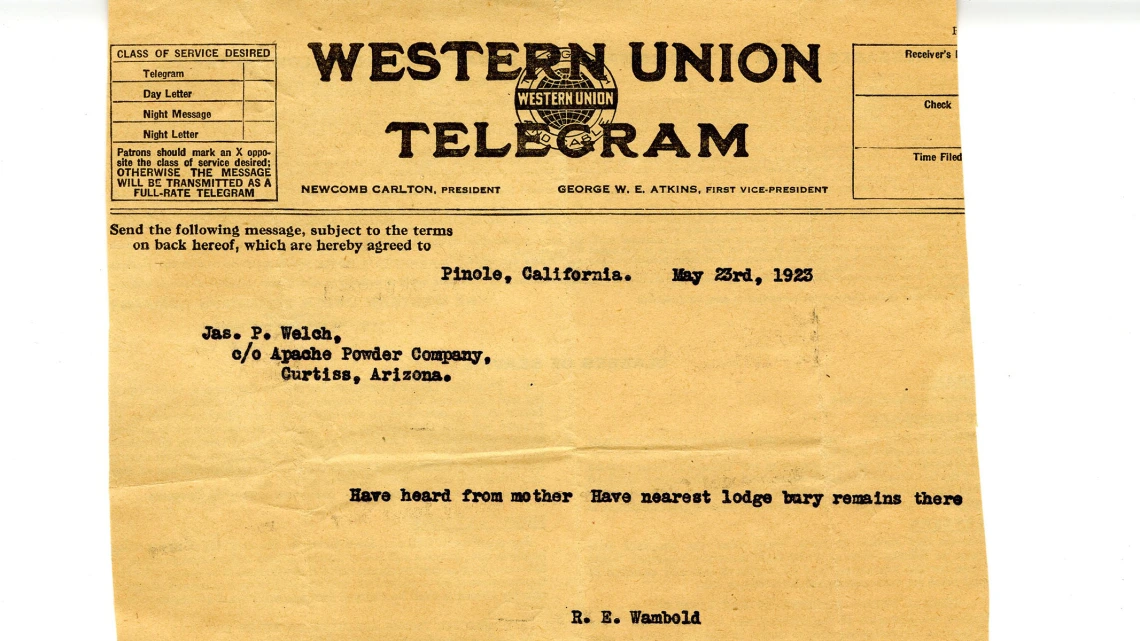 Telegram to Jas. P. Welch from R. E. Wambold, May 23, 1923