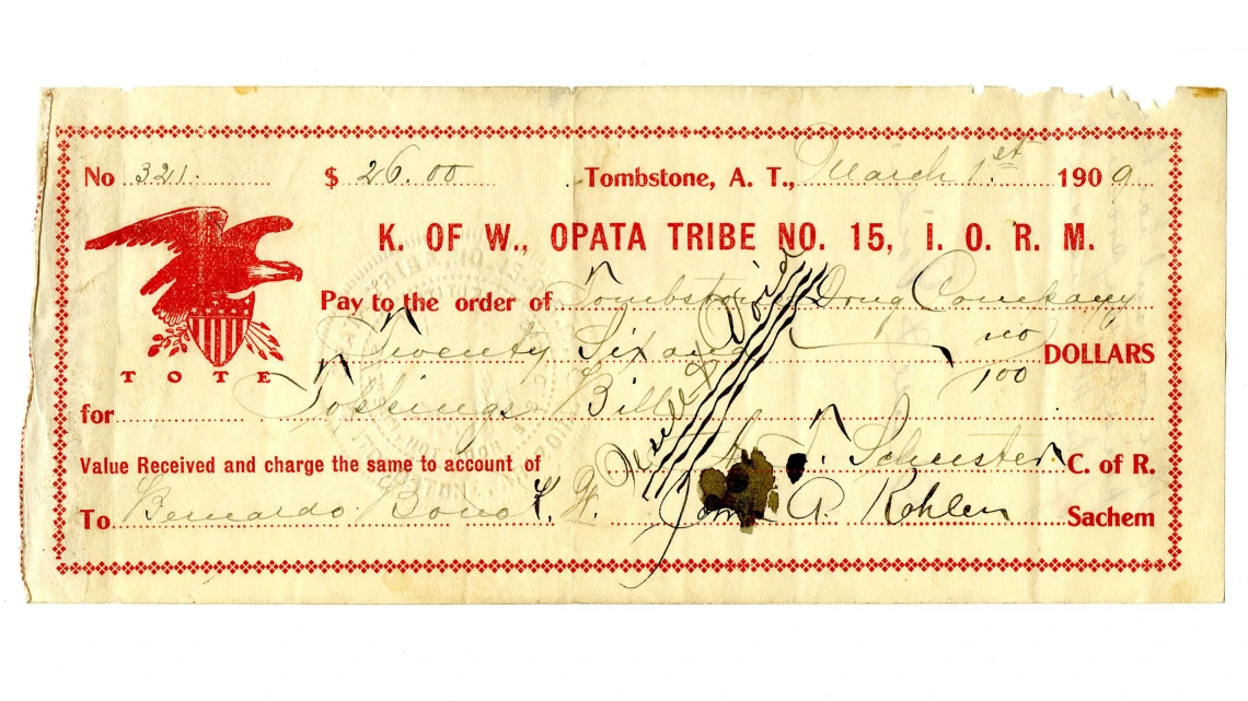 Opata Tribe Check Made Out to the Tombstone Drug Company, March 1, 1909