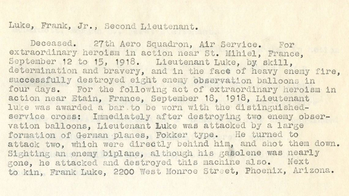 Record of Heroism for Frank Luke Jr. Second Lieutenant, 1918