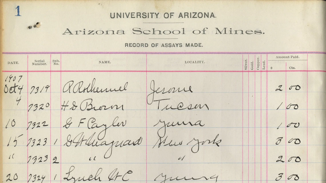 Page 1 from University of Arizona School of Mines Record of Assays Made, October, 1907