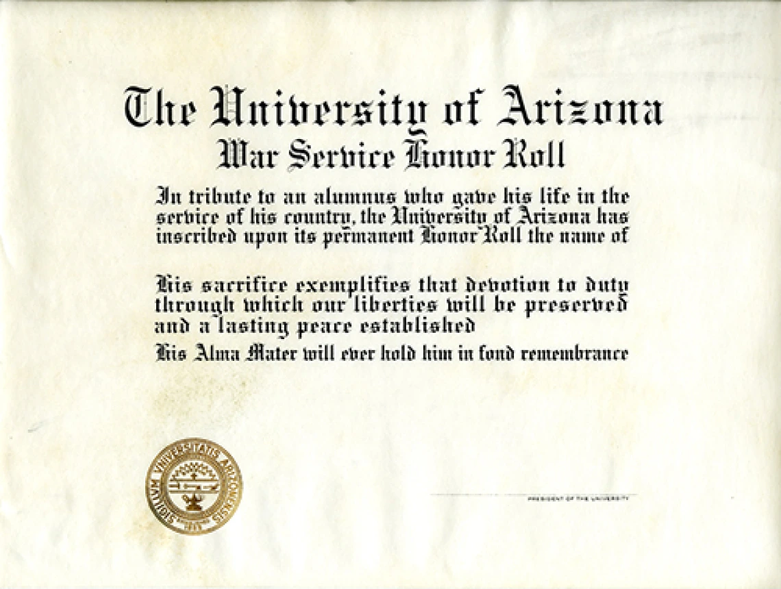 University of Arizona War Service Honor Roll Certificate