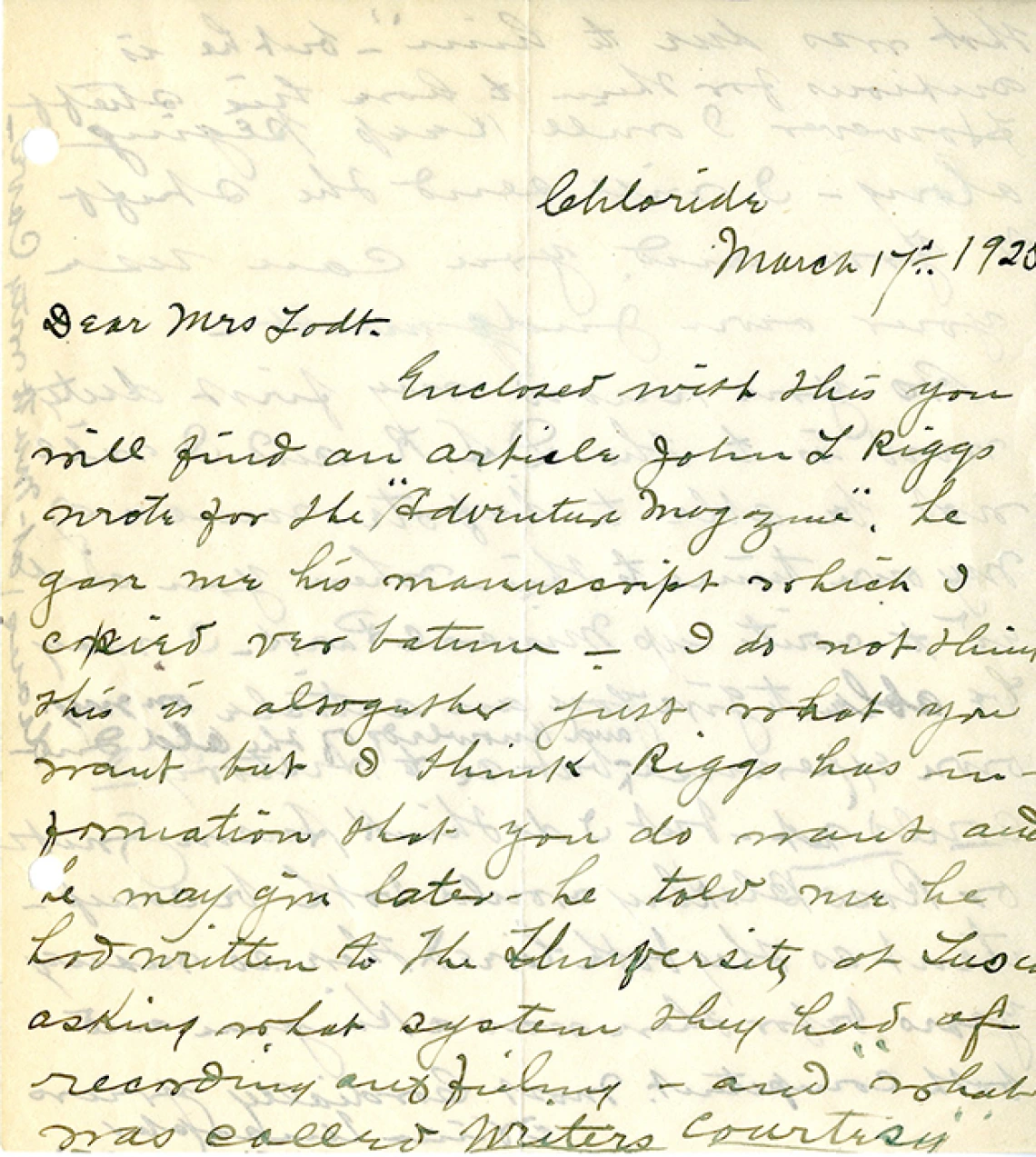 Correspondence about John L. Riggs