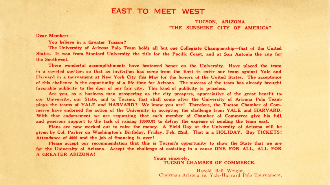 Letter Requesting Support for the UA Polo Team from Tucson Chamber of Commerce Members, circa 1923