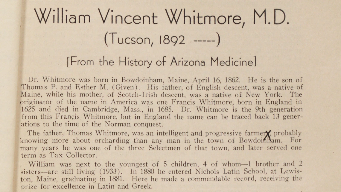 Excerpt from a Biography on William Vincent Whitmore, M.D., circa 1933