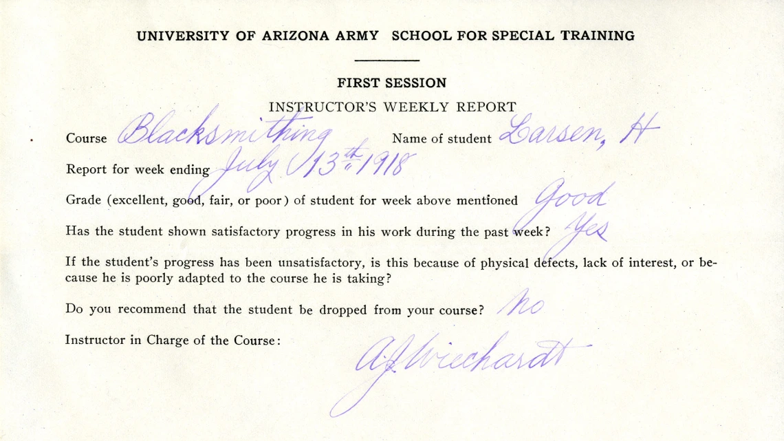 Instructor's Weekly report for Blacksmithing Course, 1918