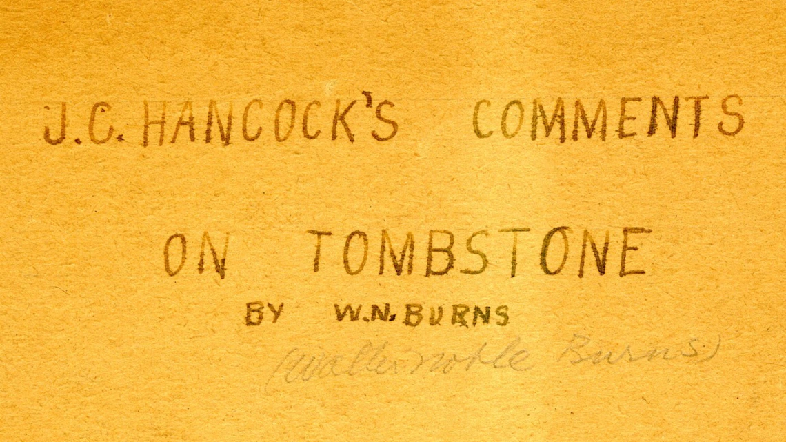 Cover of "J.C. Hancock's Comments on Tombstone" by W.N. Burns, 1930