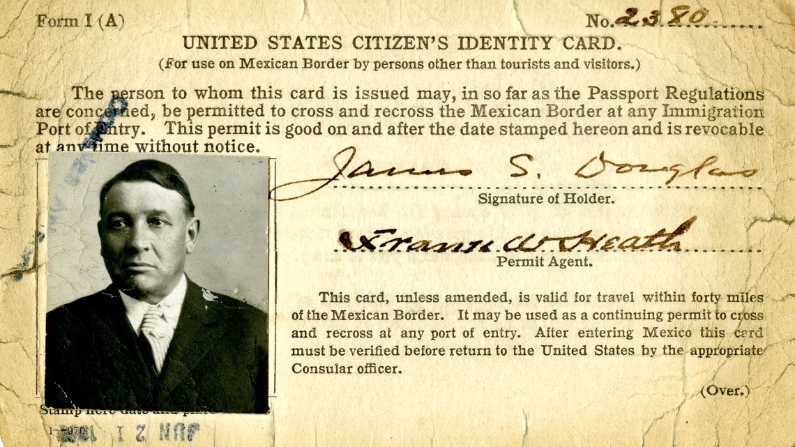 United States Citizen's Identity Card Issued to James S. Douglas, June 21, 1920