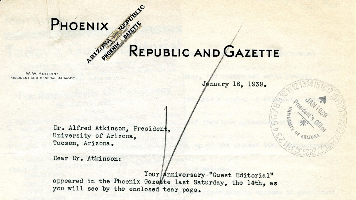 Correspondence to Dr. Alfred Atkinson from W.W. Knorpp, January 16, 1939