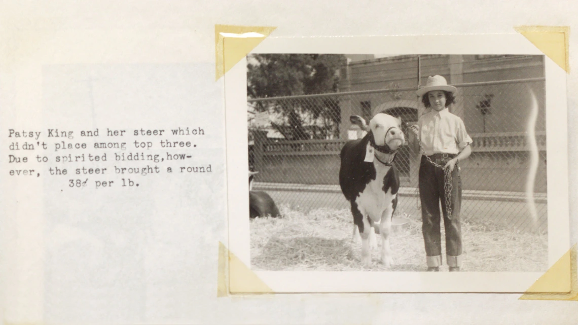 Patsy King and Her Steer at the Pima County Fair, 1945