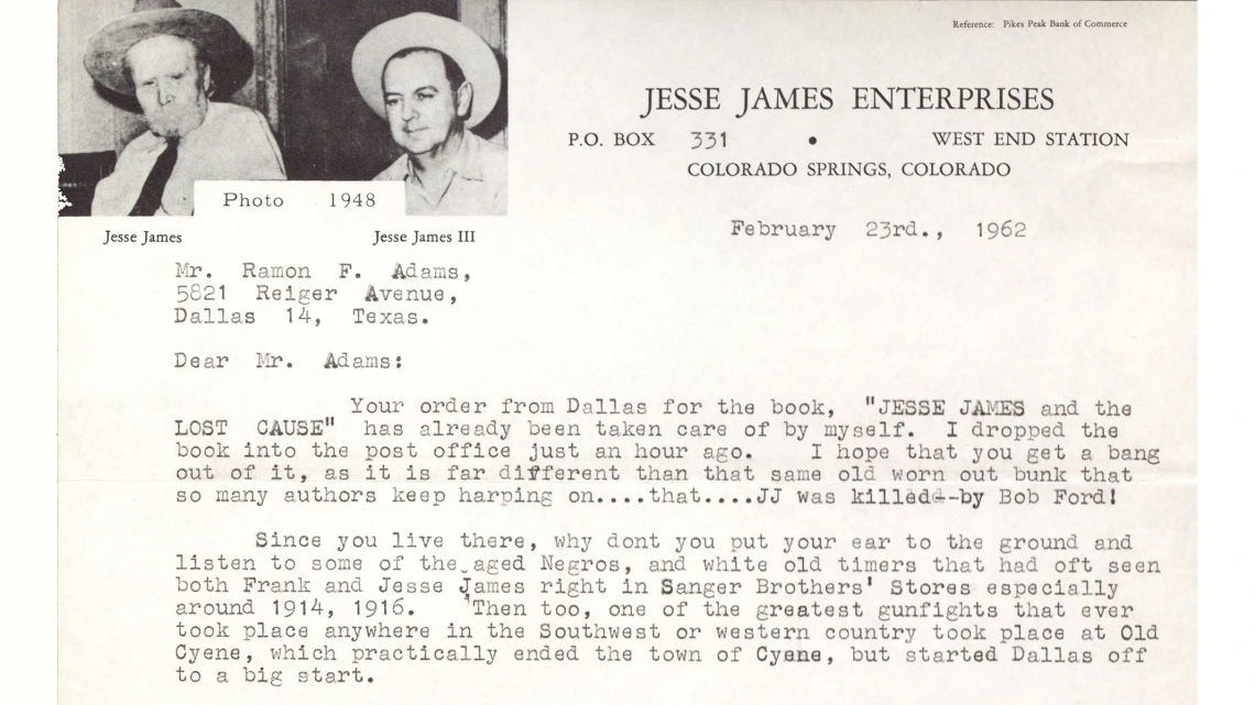 Letter to Ramon F. Adams from Jesse James Enterprises, February 23, 1962