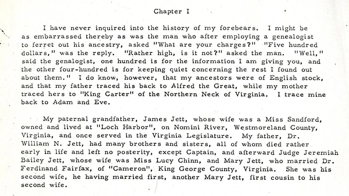 Chapter 1 of Autobiography of William Bladen Jett, circa 1938