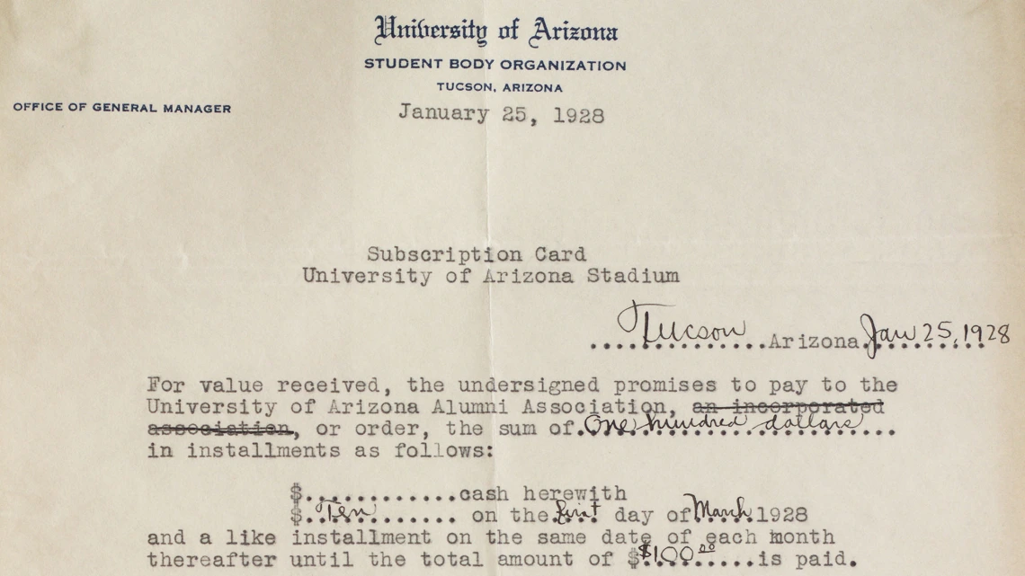 University of Arizona Stadium Subscription Card Contract, January 25, 1928