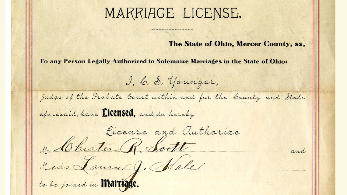 Marriage License Issued to Chester R. Scott and Miss Laura J. Hale, November 3, 1906