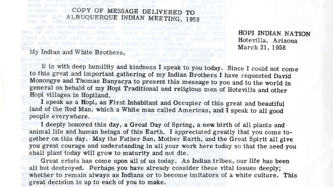 Copy of Message from Dan Katchongva Delivered to Albuquerque Indian Meeting, 1958