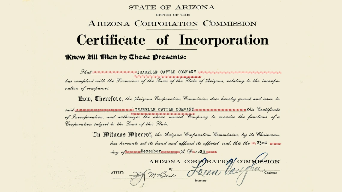 Isabelle Cattle Company Certificate of Incorporation, December 23, 1924