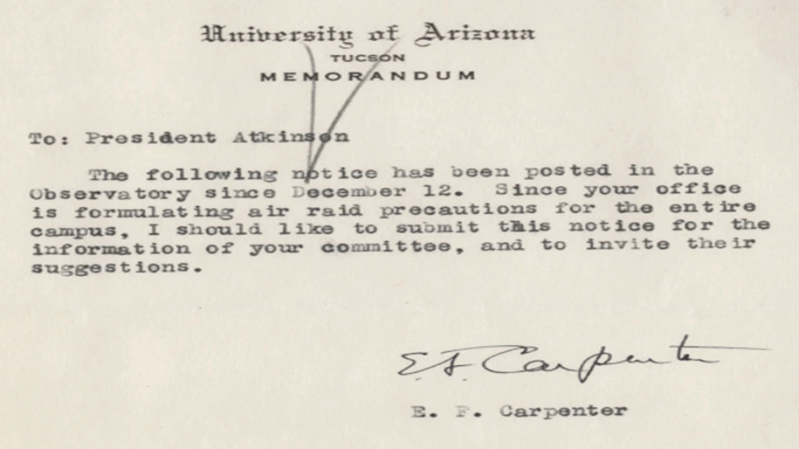 Air Raid Precautions at the University of Arizona Campus Memorandum, circa 1940