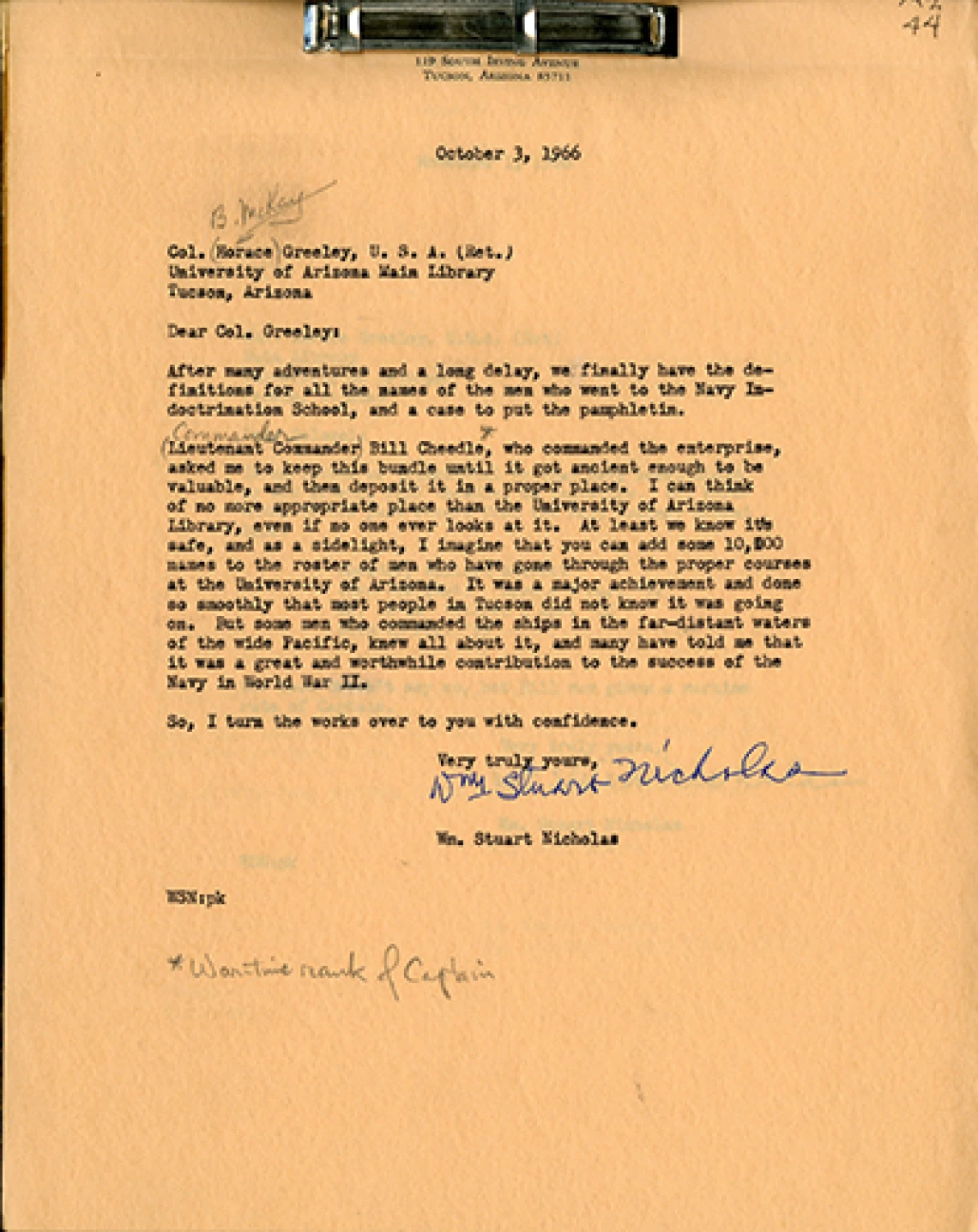 Letter Concerning the Deposit of Naval Training Materials