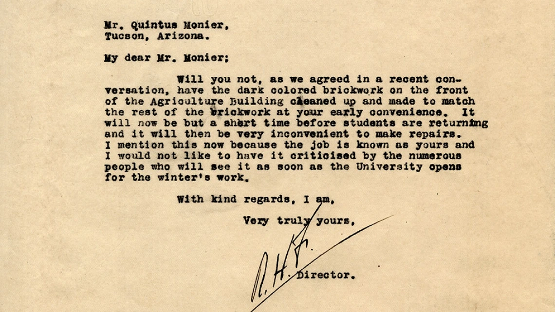 Letter to Quintus Monier Regarding Brickwork on the Agricultural Building, 1915