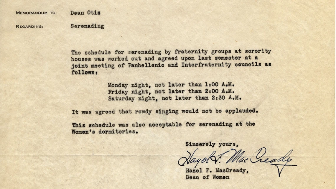 Memorandum to Dean Otis Regarding Schedule for Serenading by Fraternity Groups at Sorority Houses, 1945