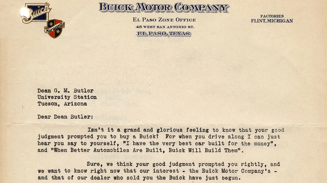 Letter to Dean G.M. Butler from Buick Motor Company, 1929