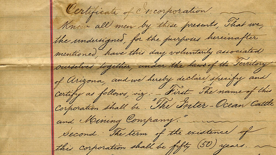 Certificate of Incorporation for the Inter-Ocean Cattle and Mining Company, 1884