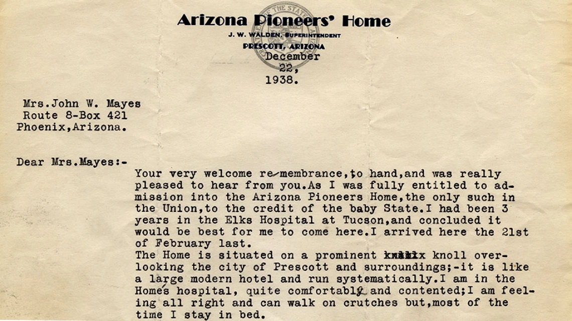 Letter to Mrs. John W. Mayes from Arizona Pioneers' Home, December 22, 1938