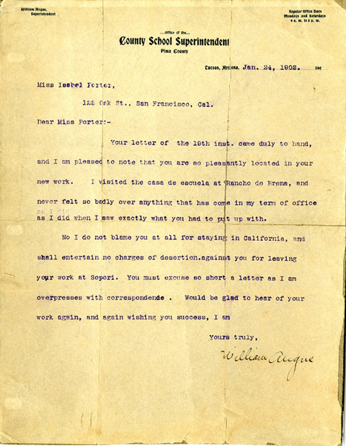 Letter to Miss Isabel Porter