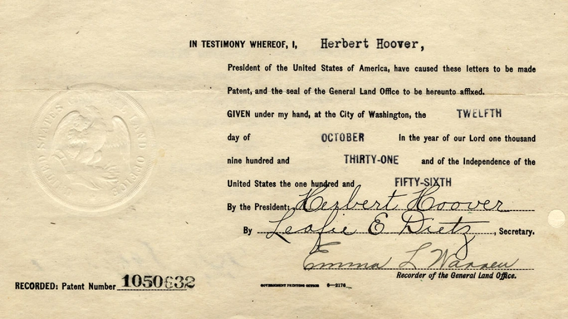 Land Claim Signed by President Herbert Hoover, October 12, 1931