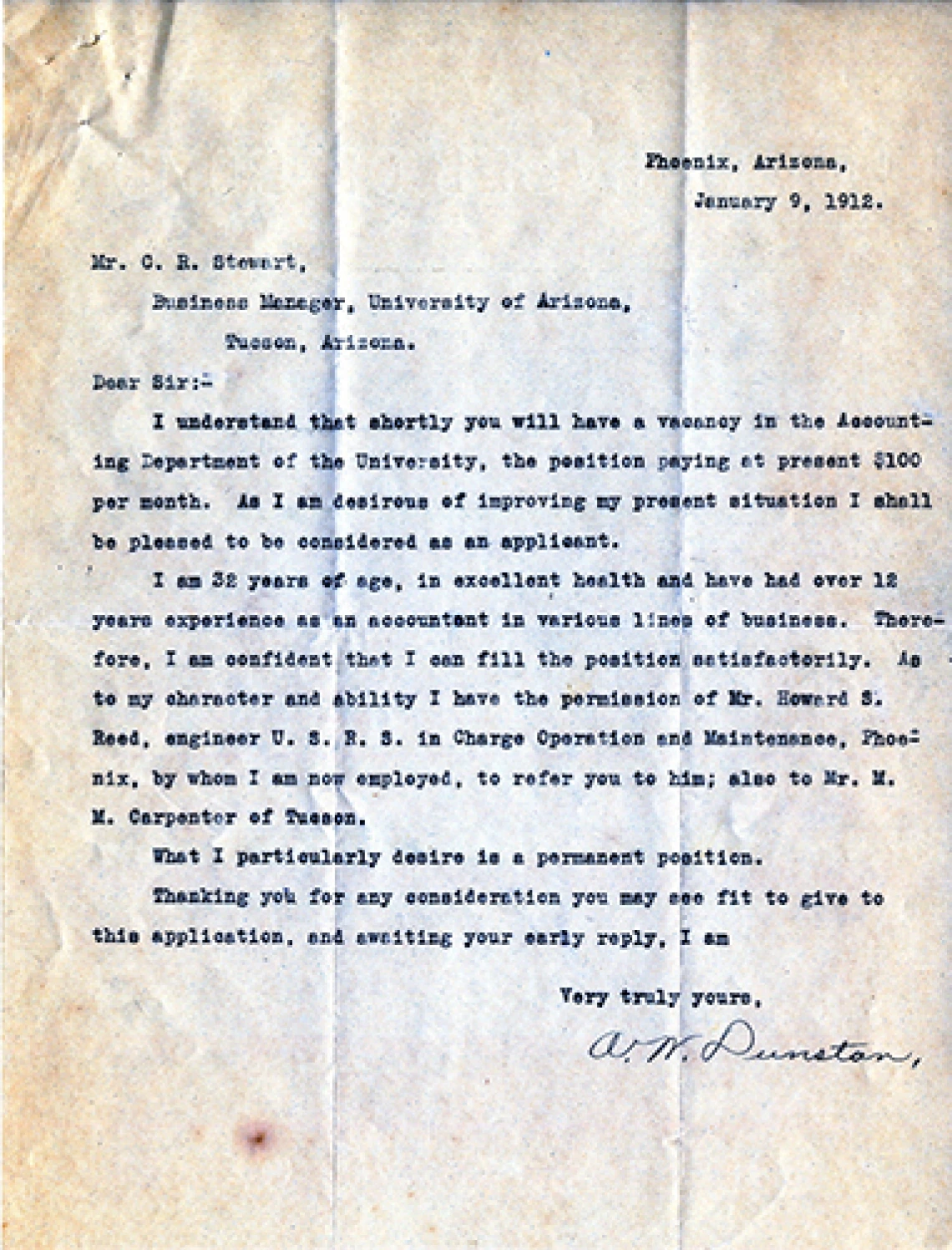 Letter to Mr. C.R. Stewart Regarding Employment