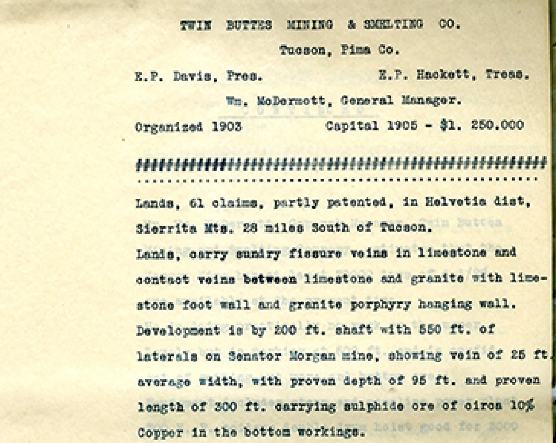 Twin Buttes Mining and Smelting Co. Land Report