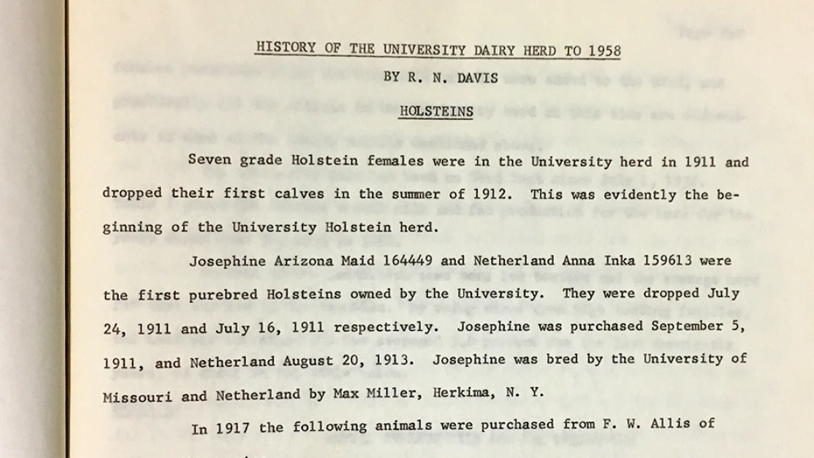 Cover Page of the report "History of the University Dairy Herd to 1958" Cover Page of "History of the University Dairy Herd to 1958"