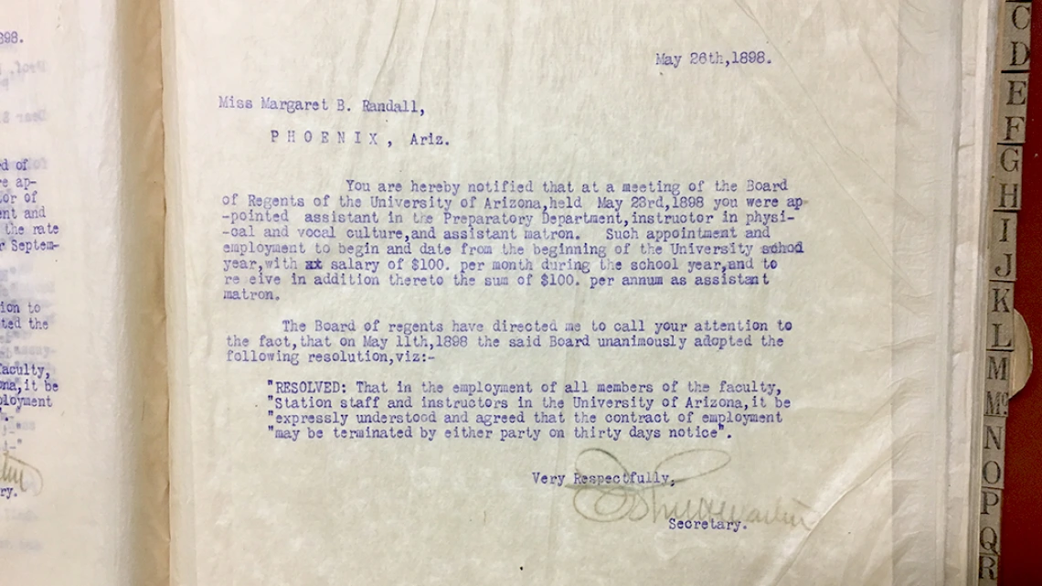 Employment letter from the University of Arizona Board of Regents, May 26, 1898