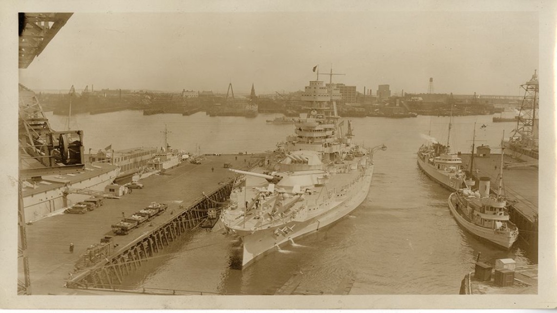 Photograph from the USS Arizona collection depicting the USS Arizona battleship in wet dock, circa 1932