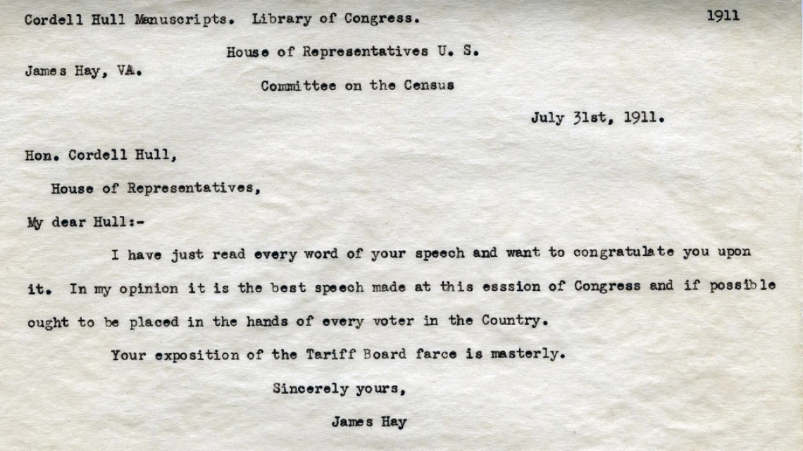 James Hay Letter to Congressman Cordell Hull, July 31, 1911
