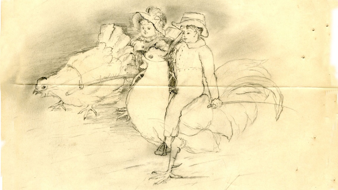 "Riding Chickens" drawing by Jane G. Austin, circa 1890-1894