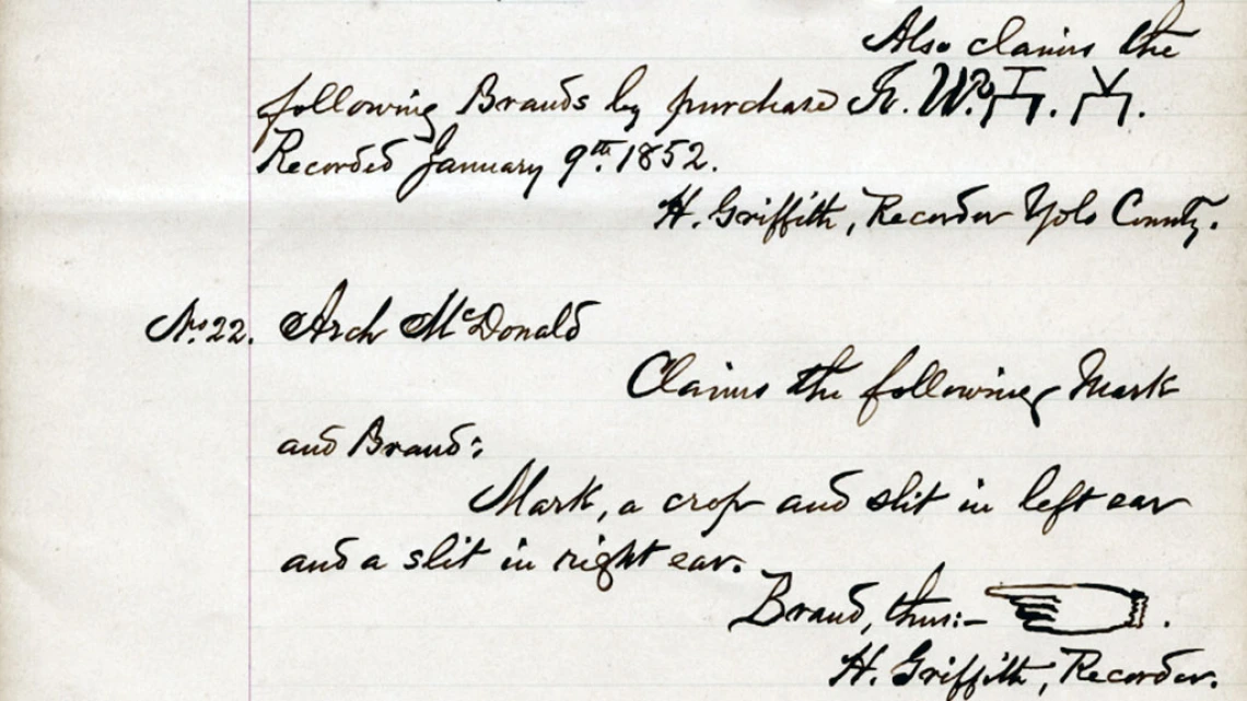 Registration of Brands in Yolo County California, January 9, 1852