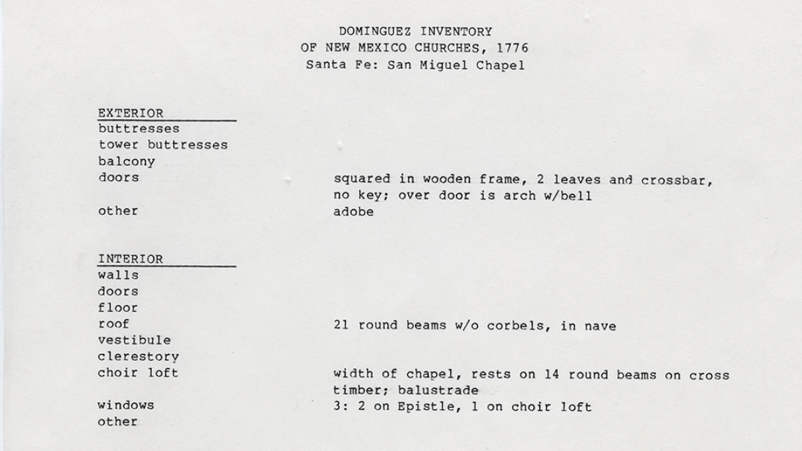 Inventory of San Miguel Chapel, Santa Fe, New Mexico