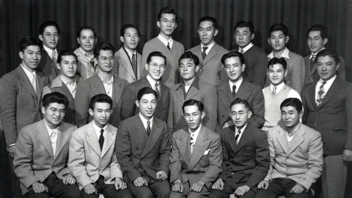 First Anniversary Reunion of the Tucsonians, Sacramento, California, 1947 Black and white group photo of the Tucsonians: Japanese American WWII resisters of conscience, Sacramento, California, 1947