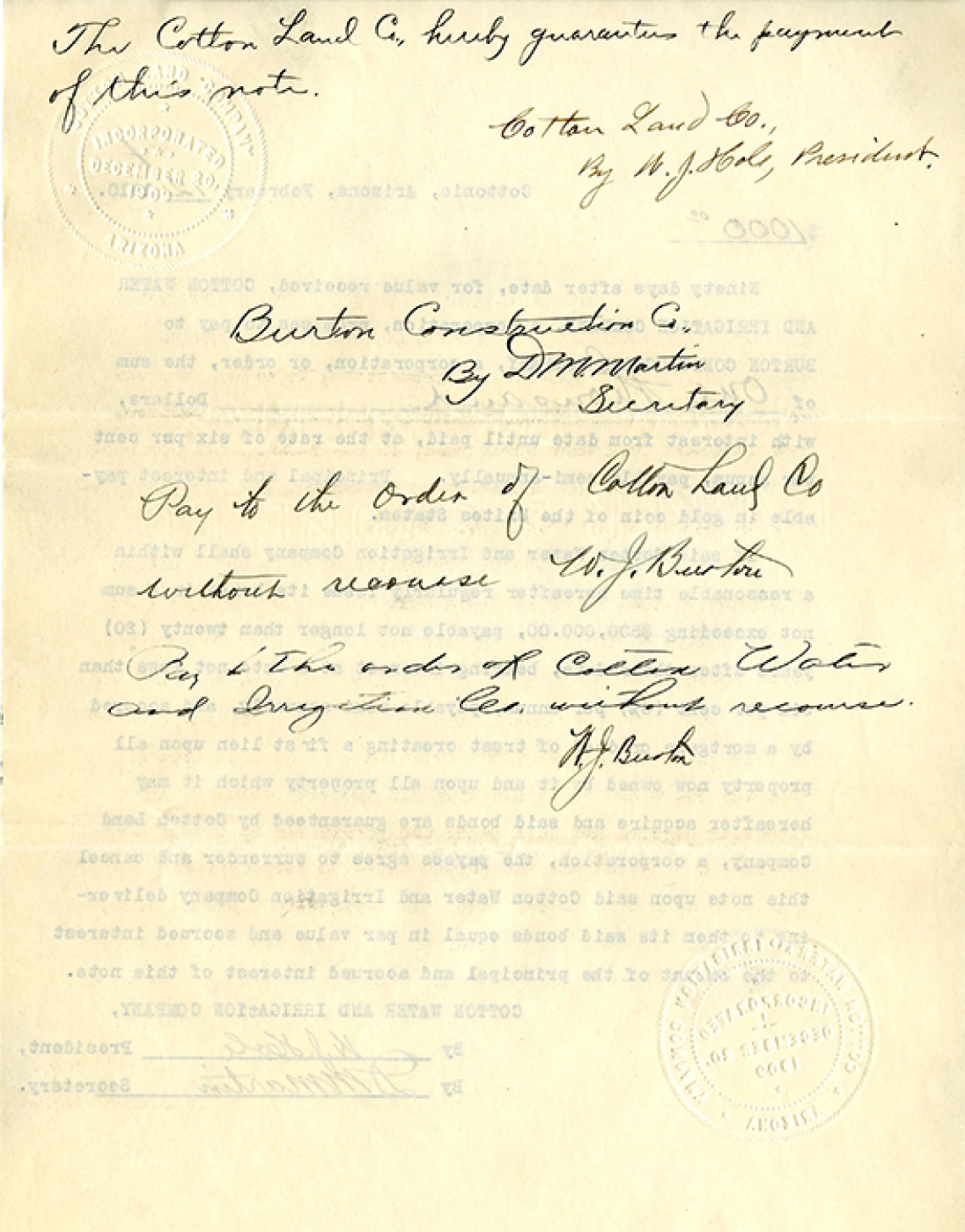 Receipt to the Cotton Land Company