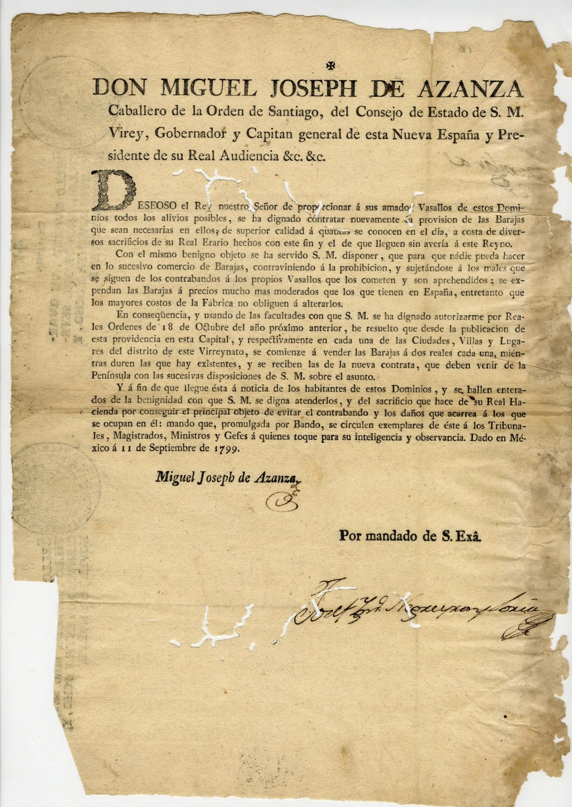 Broadside Regarding Don Miguel Joseph de Azanza