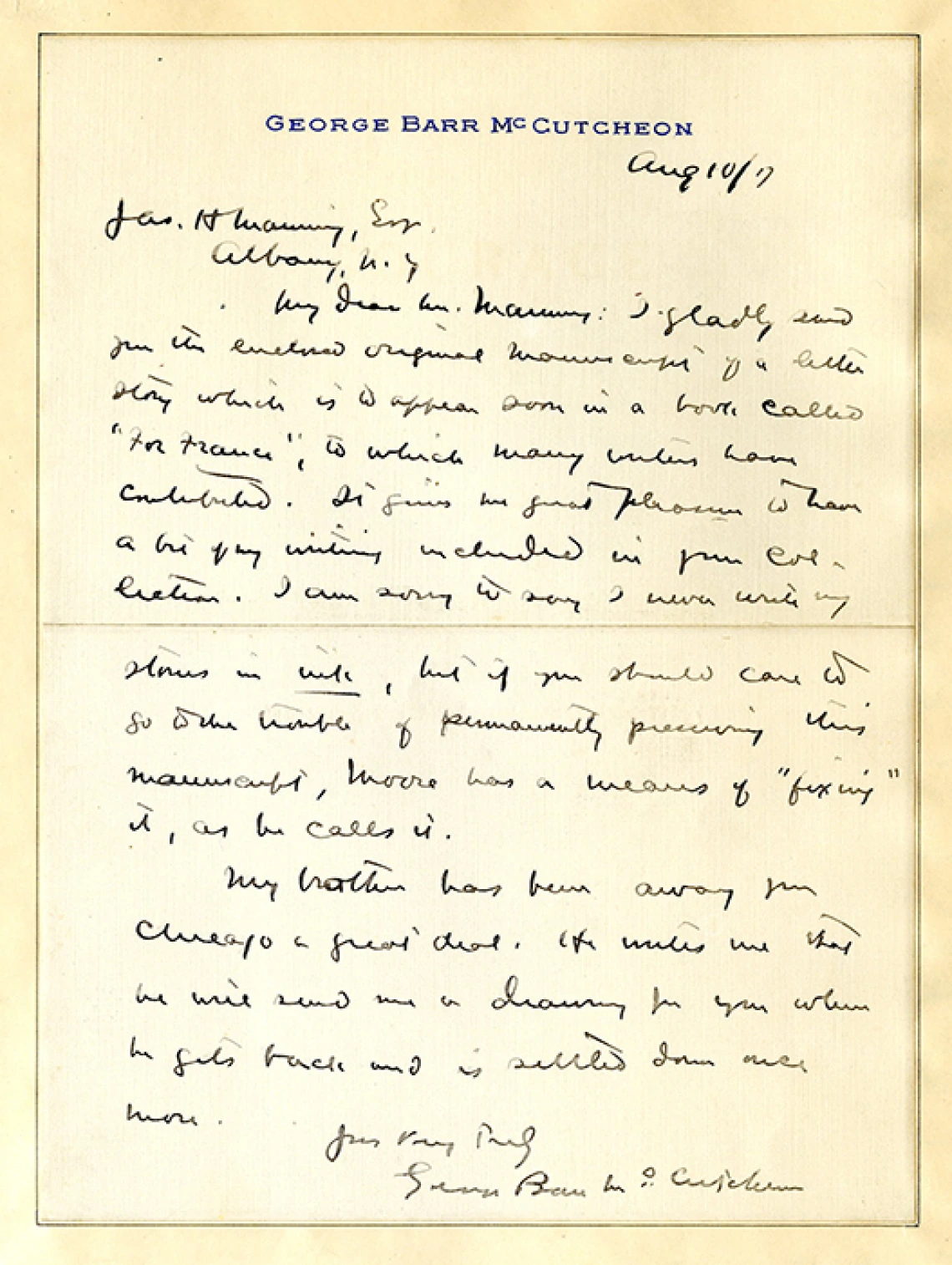 Letter from George Barr McCutcheon