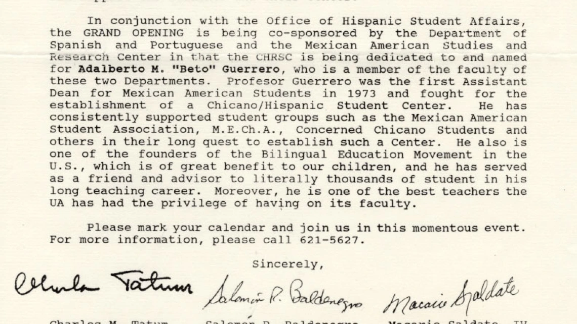 Correspondence Discussing Hispanic Student Affairs Center Grand Opening, October 7, 1991