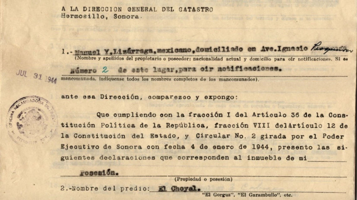 Manifestacion de Inmuebles Rusticos, July 31, 1944