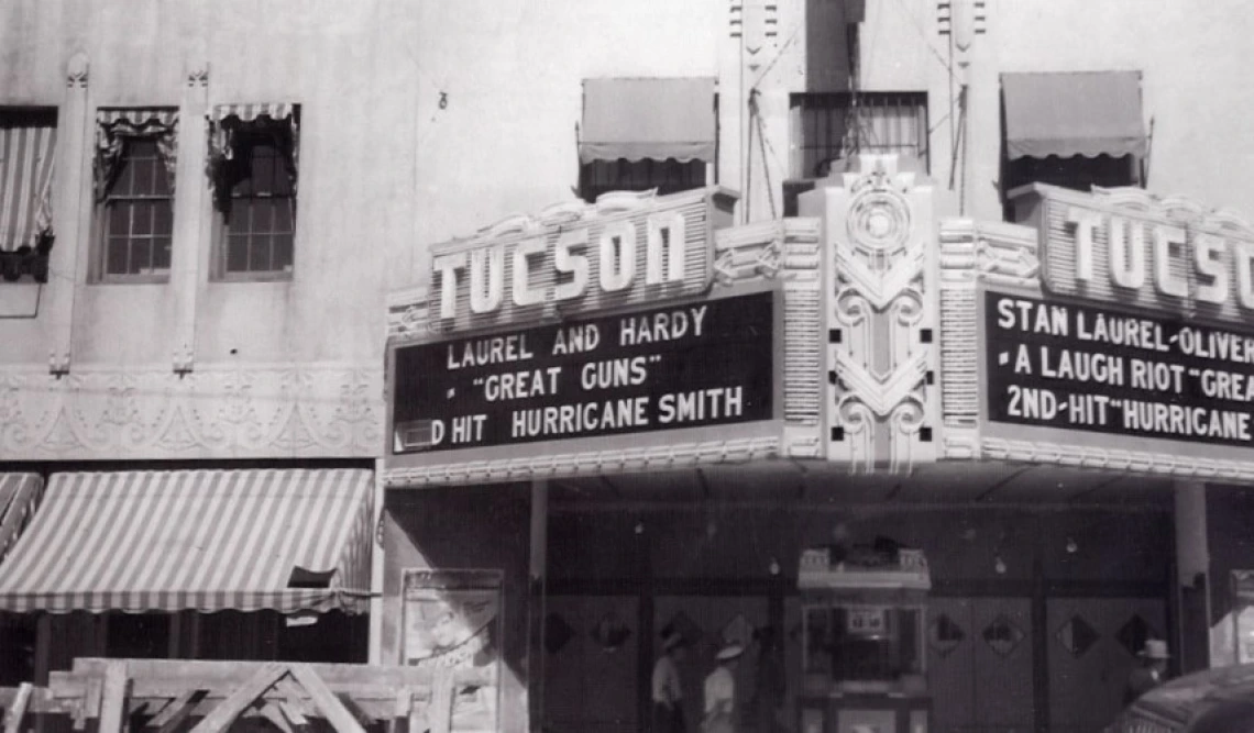 Fox Theater Facade from Gus Mazon's Photograph Album, 1941. Black and white photo of the Fox Theater facade and marquee advertising a Laurel and Hardy film from Gus Mazon photograph Album, 1941