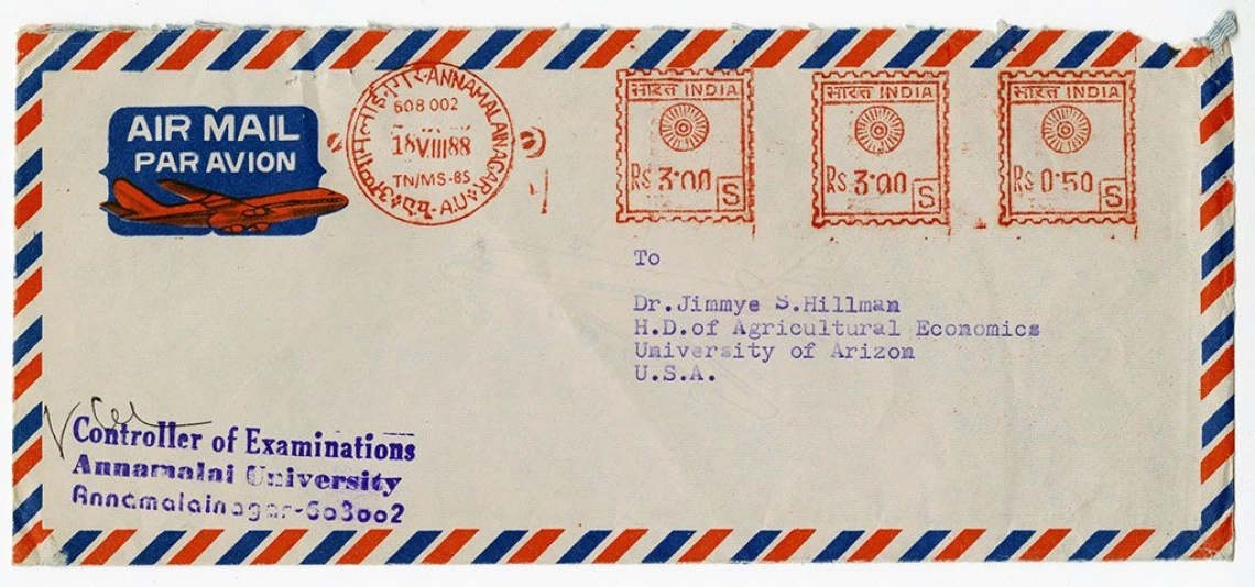 Envelope Mailed from India Addressed to Dr. Jimmye S. Hillman, 1988